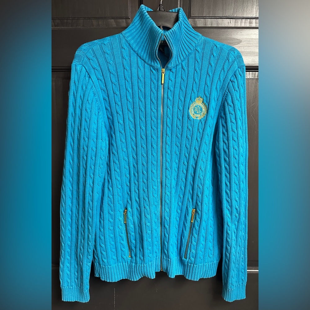 Lauren Ralph Lauren Blue Cable Knit Long Sleeve ZipUp Sweater Women's Sz XL